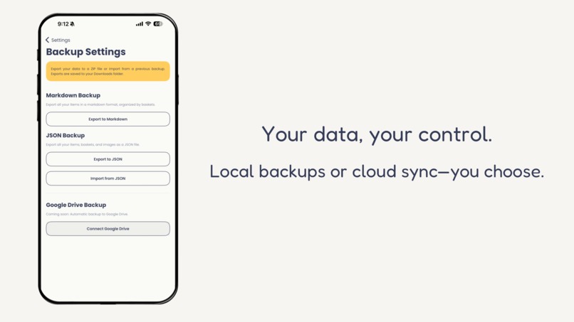 Chuck'it backup settings showing Markdown and JSON export options