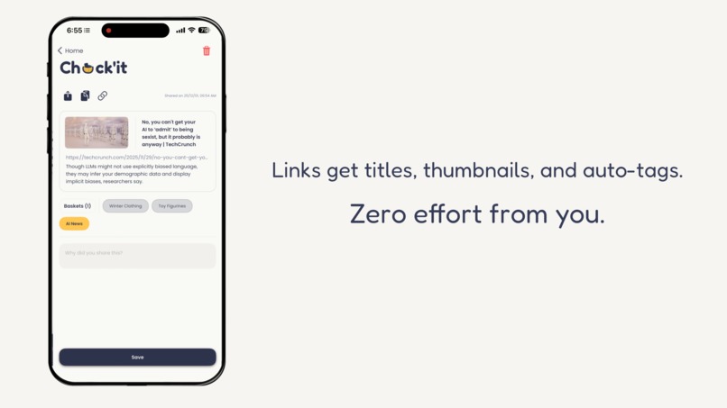 Chuck'it automatically tagging and sorting content into baskets